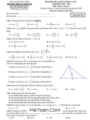 Đề kiểm tra Toán 11 lần 1 năm 2020 - 2021 trường THPT Lý Thái Tổ - Bắc Ninh