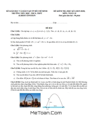 Đề kiểm tra học kì 1 Toán 10 năm 2019 - 2020 trường Albert Einstein - TP HCM