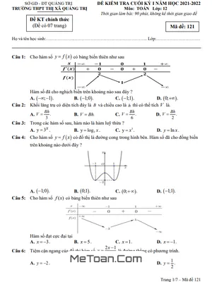 Đề thi học kì 1 Toán 12 năm 2021 - 2022 trường THPT Thị xã Quảng Trị (có đáp án)