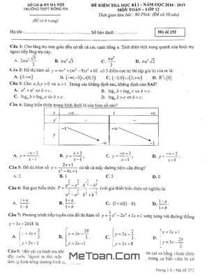 Đề thi học kỳ 1 Toán 12 năm 2018 - 2019 trường THPT Đống Đa - Hà Nội (có đáp án)