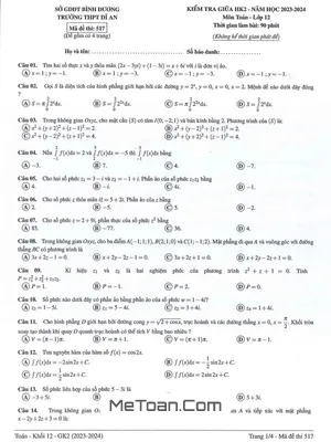 Đề thi giữa kì 2 Toán 12 năm 2023 - 2024 trường THPT Dĩ An - Bình Dương