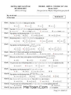 Đề thi HK2 Toán 10 năm 2017 - 2018 trường THPT Nguyễn Du - Phú Yên [Mã đề 113] có đáp án