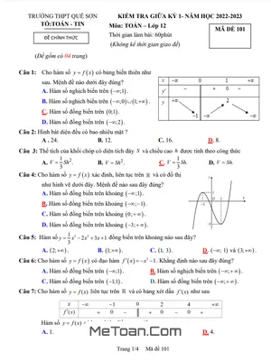 Đề Thi Giữa Kỳ 1 Toán 12 Năm 2022 - 2023 Trường THPT Quế Sơn - Quảng Nam