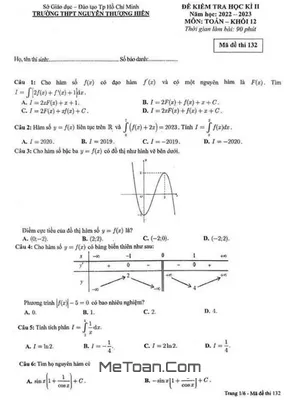Đề thi học kì 2 môn Toán lớp 12 năm 2022 - 2023 trường THPT Nguyễn Thượng Hiền - TP.HCM