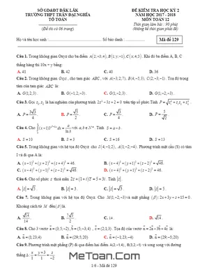 Đề kiểm tra học kỳ 2 Toán 12 năm 2017 - 2018 trường Trần Đại Nghĩa - Đắk Lắk