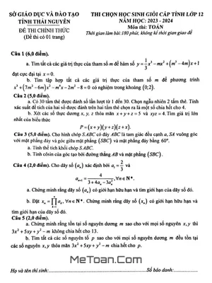 Đề thi học sinh giỏi tỉnh môn Toán lớp 12 năm 2023 - 2024 Sở GD&ĐT Thái Nguyên