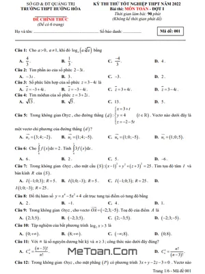 Đề thi thử Toán tốt nghiệp THPT 2022 đợt 1 trường THPT Hướng Hóa - Quảng Trị