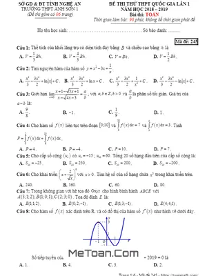 Đề thi thử Toán THPT Quốc gia 2019 lần 1 trường Anh Sơn 1 - Nghệ An
