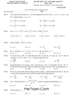 Đề thi thử THPT Quốc gia môn Toán trường THPT Lý Thái Tổ - Hà Nội lần 4 năm 2017
