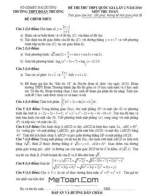 Đề Thi Thử Quốc Gia 2016 Môn Toán Trường Đoàn Thượng - Hải Dương Lần 2