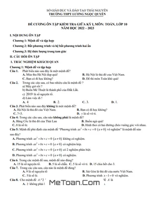Đề Cương Ôn Tập Giữa Kì 1 Toán 10 Năm 2022 - 2023 THPT Lương Ngọc Quyến - Thái Nguyên