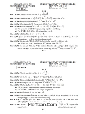 Đề Thi Giữa Kỳ 1 Toán 10 NC Năm 2020 - 2021 Trường THPT TX Quảng Trị (Có Lời Giải)
