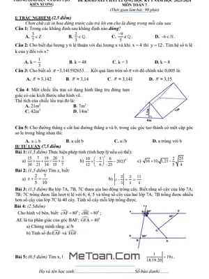 Đề thi học kỳ 1 Toán 7 năm 2023 - 2024 phòng GD&ĐT Kiến Xương - Thái Bình