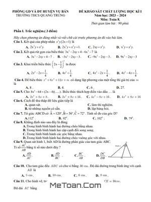 Đề thi học kì 1 Toán 8 năm 2023 - 2024 trường THCS Quang Trung - Nam Định
