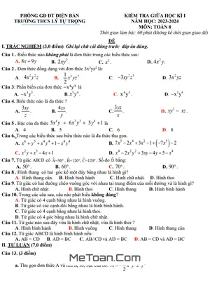 Đề thi giữa kì 1 Toán 8 năm 2023 - 2024 trường THCS Lý Tự Trọng - Quảng Nam