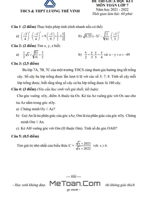 Đề thi giữa kì 1 Toán 7 năm 2021 - 2022 trường Lương Thế Vinh - Hà Nội