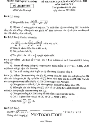 Đề thi học kì 1 Toán 9 năm 2020 - 2021 phòng GD&ĐT Ba Đình - Hà Nội