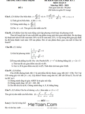 Đề thi giữa kì 2 Toán 9 năm 2022 - 2023 trường THCS Thái Thịnh - Hà Nội