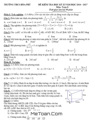 Đề thi học kì 2 Toán lớp 8 năm 2016 - 2017 trường THCS Hòa Phú - TP.HCM (có đáp án)