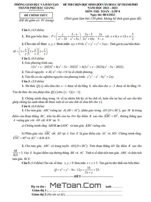 Đề thi học sinh giỏi Toán 8 năm 2022 - 2023 phòng GD&ĐT thành phố Bắc Giang