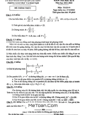 Đề thi học kì 2 Toán 9 năm 2021 - 2022 phòng GD&ĐT Cầu Giấy - Hà Nội