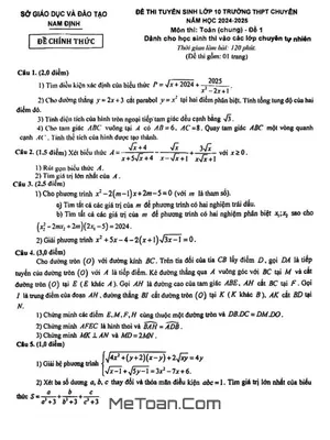 Đề thi tuyển sinh lớp 10 chuyên Toán (chung) Nam Định năm 2024 - 2025