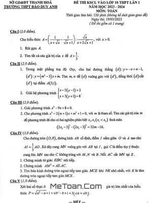 Đề KSCL Toán vào 10 lần 1 năm 2023 - 2024 trường THPT Đào Duy Anh - Thanh Hóa