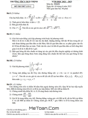 Đề thi thử Toán vào lớp 10 lần 3 năm 2021 - 2022 trường Thái Thịnh - Hà Nội