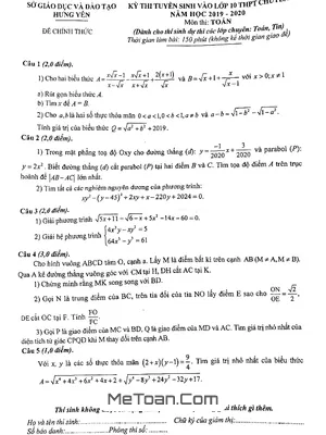 Đề thi Tuyển sinh vào 10 Chuyên Toán - Tin, Sở GD&ĐT Hưng Yên năm 2019 - 2020