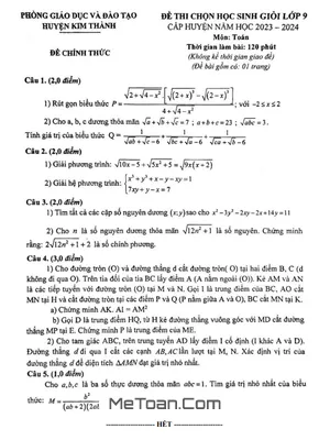Đề thi học sinh giỏi Toán 9 năm 2023 - 2024 phòng GD&ĐT Kim Thành - Hải Dương