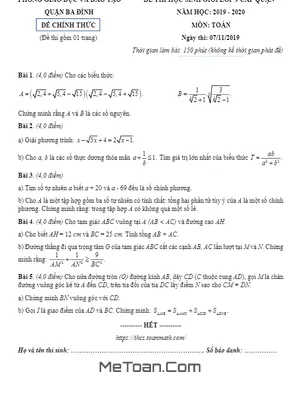 Đề thi HSG Toán 9 cấp quận năm 2019 - 2020 phòng GD&ĐT Ba Đình - Hà Nội