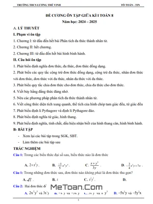 Đề Cương Ôn Tập Giữa Kì 1 Toán 8 Năm 2024 - 2025 Trường THCS Lương Thế Vinh - BR VT
