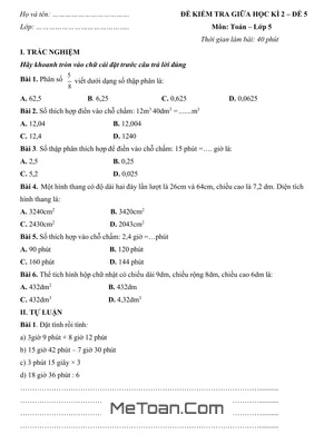 Đề Kiểm Tra Giữa Học Kì 2 Môn Toán Lớp 5 - Đề 5