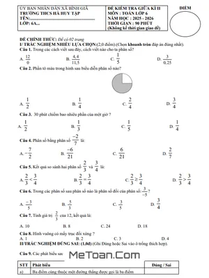 Đề Thi Giữa Học Kỳ 2 Toán Lớp 6 Năm 2025-2026: Trường THCS Hà Huy Tập, TP. Hồ Chí Minh