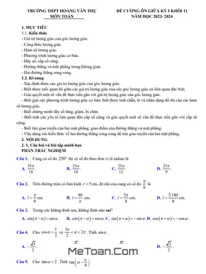 Đề Cương Ôn Tập Giữa Kỳ 1 Toán 11 Năm 2023 - 2024 Trường THPT Hoàng Văn Thụ - Hà Nội