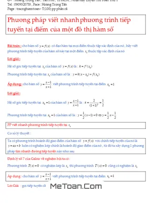 Phương Pháp Viết Nhanh Phương Trình Tiếp Tuyến Tại Một Điểm Của Đồ Thị Hàm Số - Hoàng Trọng Tấn