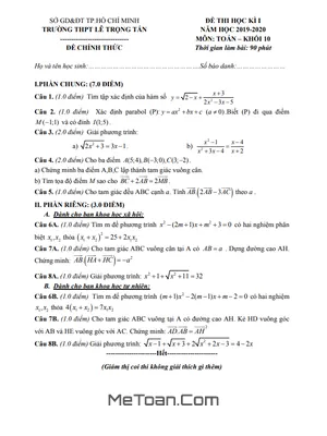 Đề thi học kì 1 Toán 10 năm 2019 - 2020 trường THPT Lê Trọng Tấn - TP HCM (có lời giải)