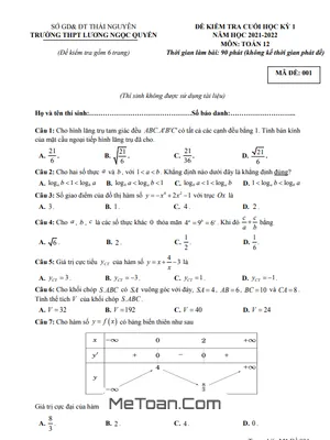 Đề thi HK1 Toán 12 năm 2021 – 2022 trường THPT Lương Ngọc Quyến – Thái Nguyên
