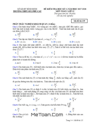 Đề thi học kỳ 1 Toán 12 năm 2017 - 2018 trường THPT số 2 Phù Cát - Bình Định (có lời giải)