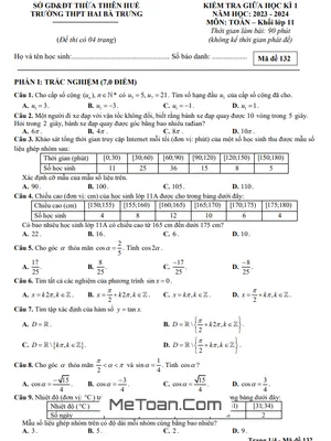Đề giữa kì 1 Toán 11 năm 2023 – 2024 trường THPT Hai Bà Trưng – TT Huế