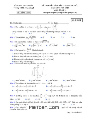 Đề khảo sát Toán 12 lần 2 năm 2019 - 2020 THPT Nông Cống 2 - Thanh Hóa