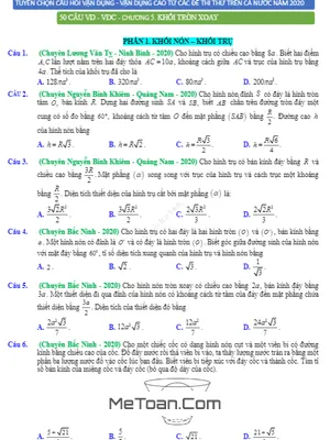 50 Bài tập trắc nghiệm VD - VDC Mặt cầu, Mặt trụ, Mặt nón - Có lời giải