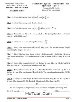 Đề thi HK1 Toán 11 năm 2019 - 2020 trường THPT Thủ Thiêm - TP.HCM