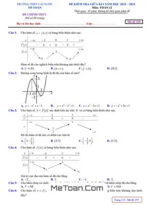 Đề kiểm tra giữa kì 1 Toán 12 năm 2022 - 2023 trường THPT Cái Nước - Cà Mau