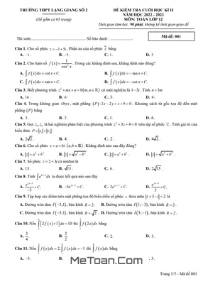 Đề Thi Cuối Kì 2 Toán 12 Năm 2022 - 2023 Trường THPT Lạng Giang 2 - Bắc Giang
