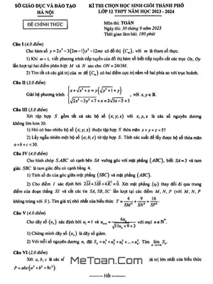 Đề thi học sinh giỏi thành phố Toán 12 năm 2023 - 2024 sở GD&ĐT Hà Nội