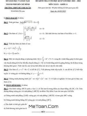 Đề thi học kỳ 2 Toán 11 năm 2021 - 2022 trường THPT Bùi Thị Xuân - TP HCM