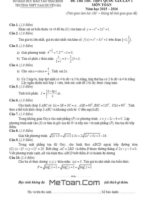 Đề Thi Thử Quốc Gia Môn Toán 2016 Trường Nam Duyên Hà - Thái Bình Lần 1