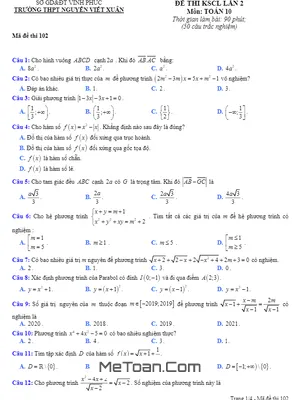 Đề KSCL Toán 10 Lần 2 Năm 2019 - 2020 Trường Nguyễn Viết Xuân - Vĩnh Phúc
