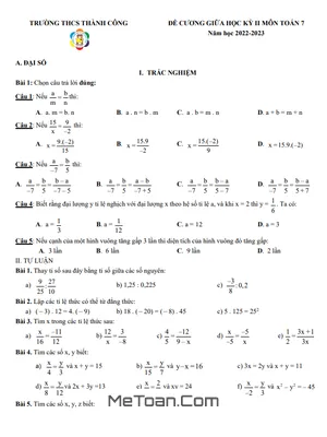 Đề Cương Ôn Tập Giữa Kì 2 Môn Toán Lớp 7 Năm 2022-2023 - Trường THCS Thành Công - Hà Nội